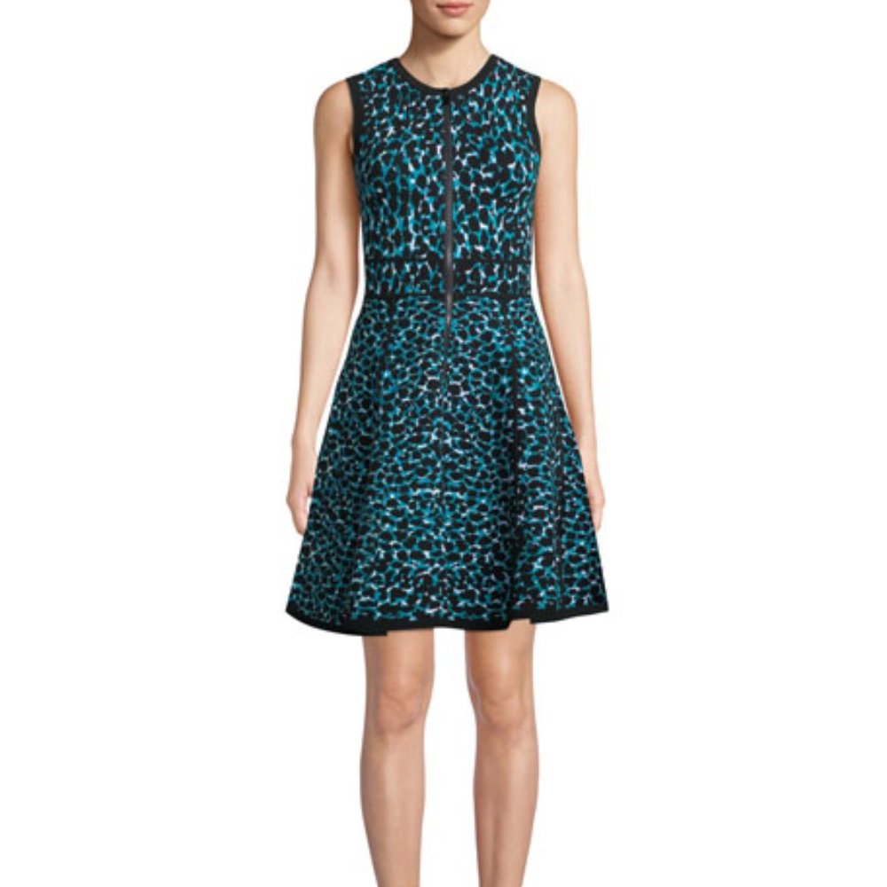 Michael Kors Collection sleeveless leopard dress in teal and black.  Size large